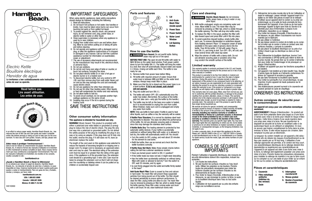 Hamilton Beach 40870 warranty Parts and features, How to use the kettle, Care and cleaning, Limited warranty, Ach, N c e 