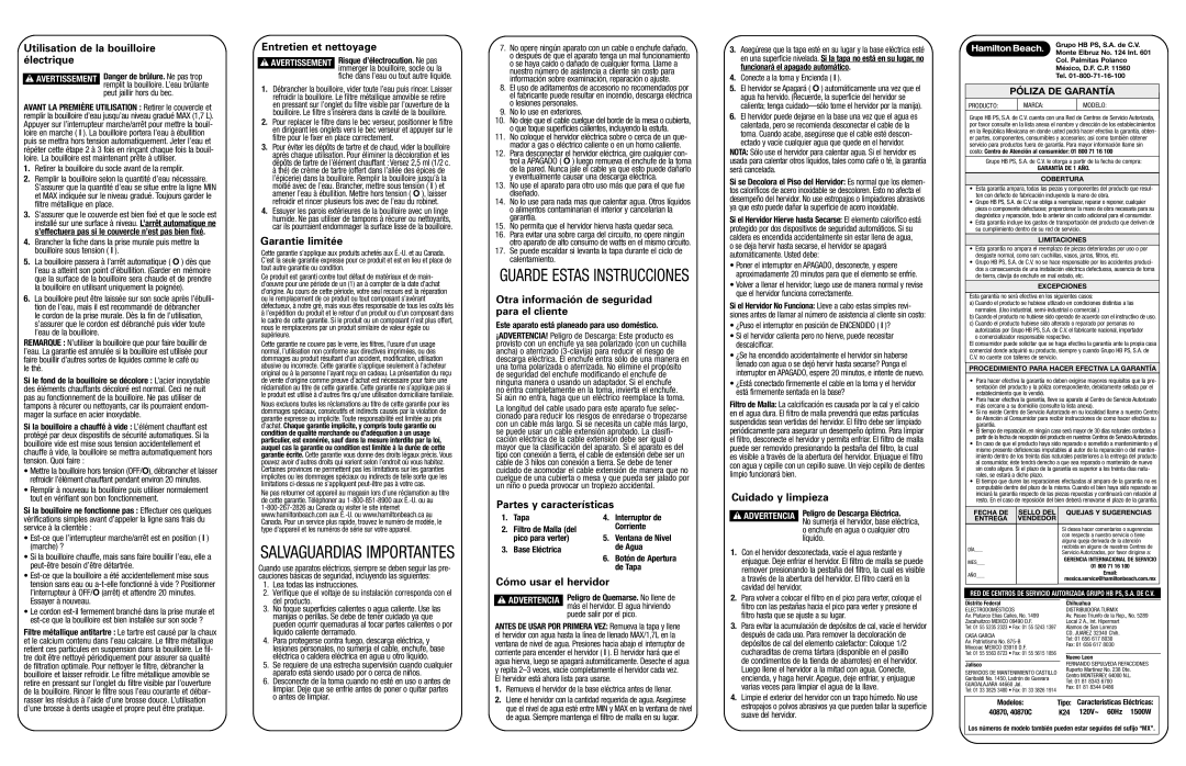 Hamilton Beach 40870 Utilisation de la bouilloire électrique, Entretien et nettoyage, Garantie limitée, Cuidado y limpieza 