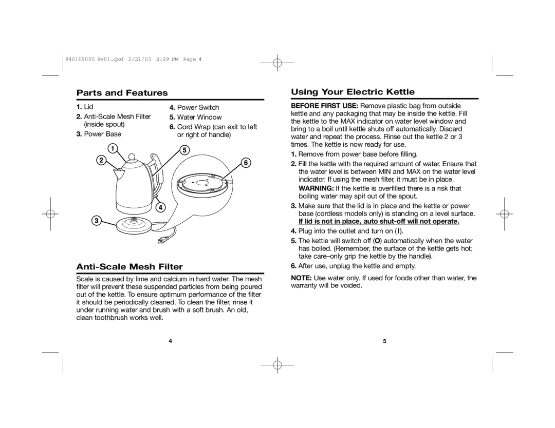 Hamilton Beach 40886 manual Parts and Features Using Your Electric Kettle, Anti-Scale Mesh Filter 