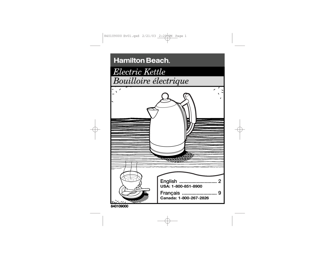 Hamilton Beach 40886 manual Usa, Canada, Electric Kettle, Bouilloire électrique, English, Français, 840109000 