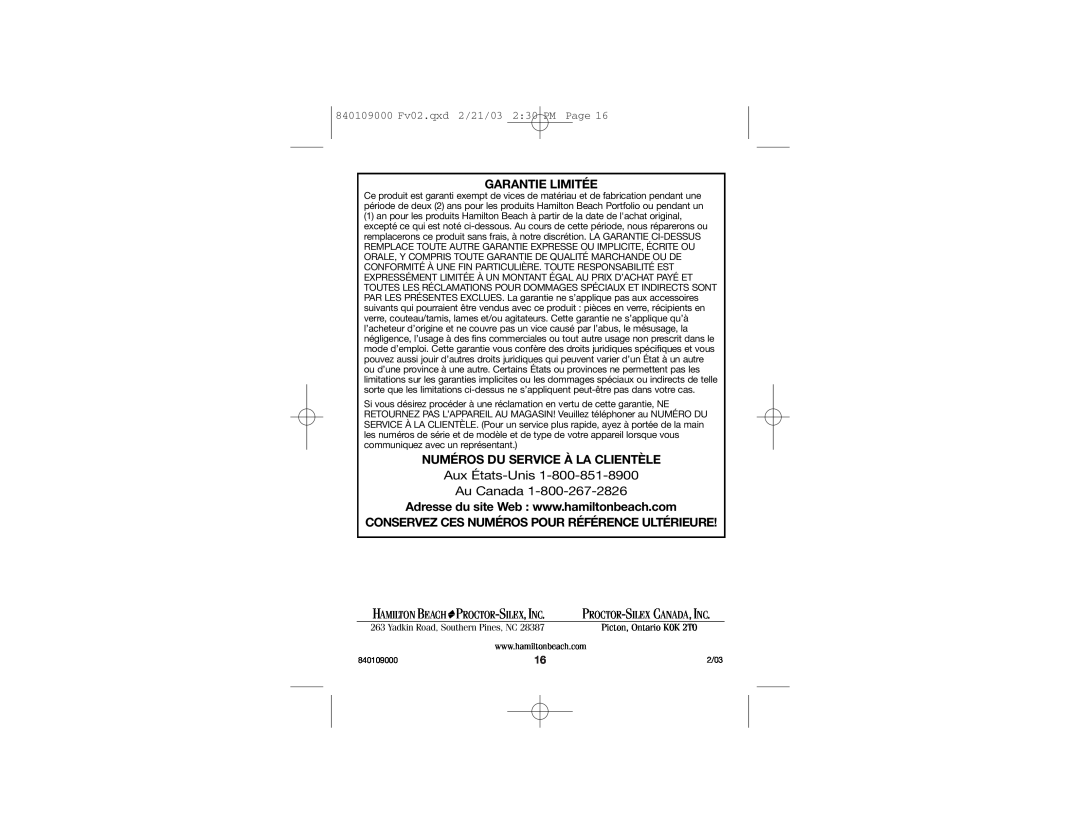 Hamilton Beach 40886 manual Aux États-Unis Au Canada, Garantie Limitée, Numéros Du Service À La Clientèle 