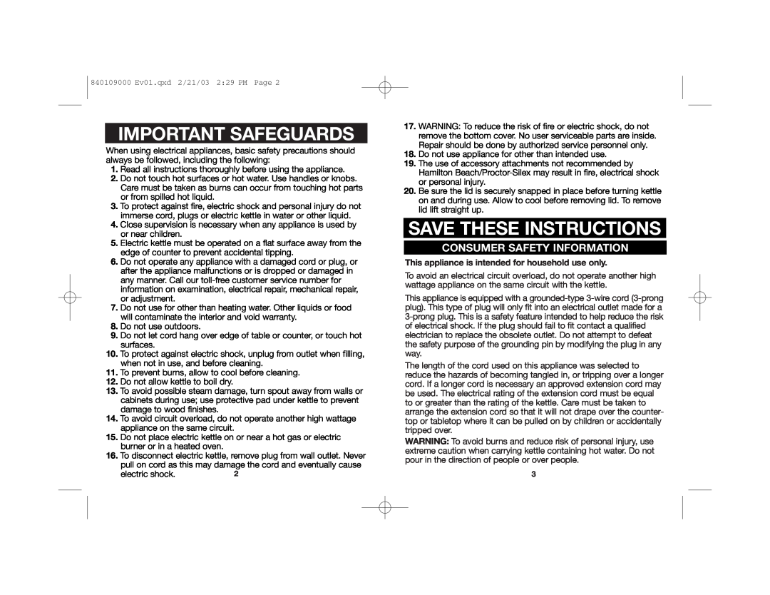 Hamilton Beach 40886 manual Important Safeguards, Save These Instructions, Consumer Safety Information, electric shock 