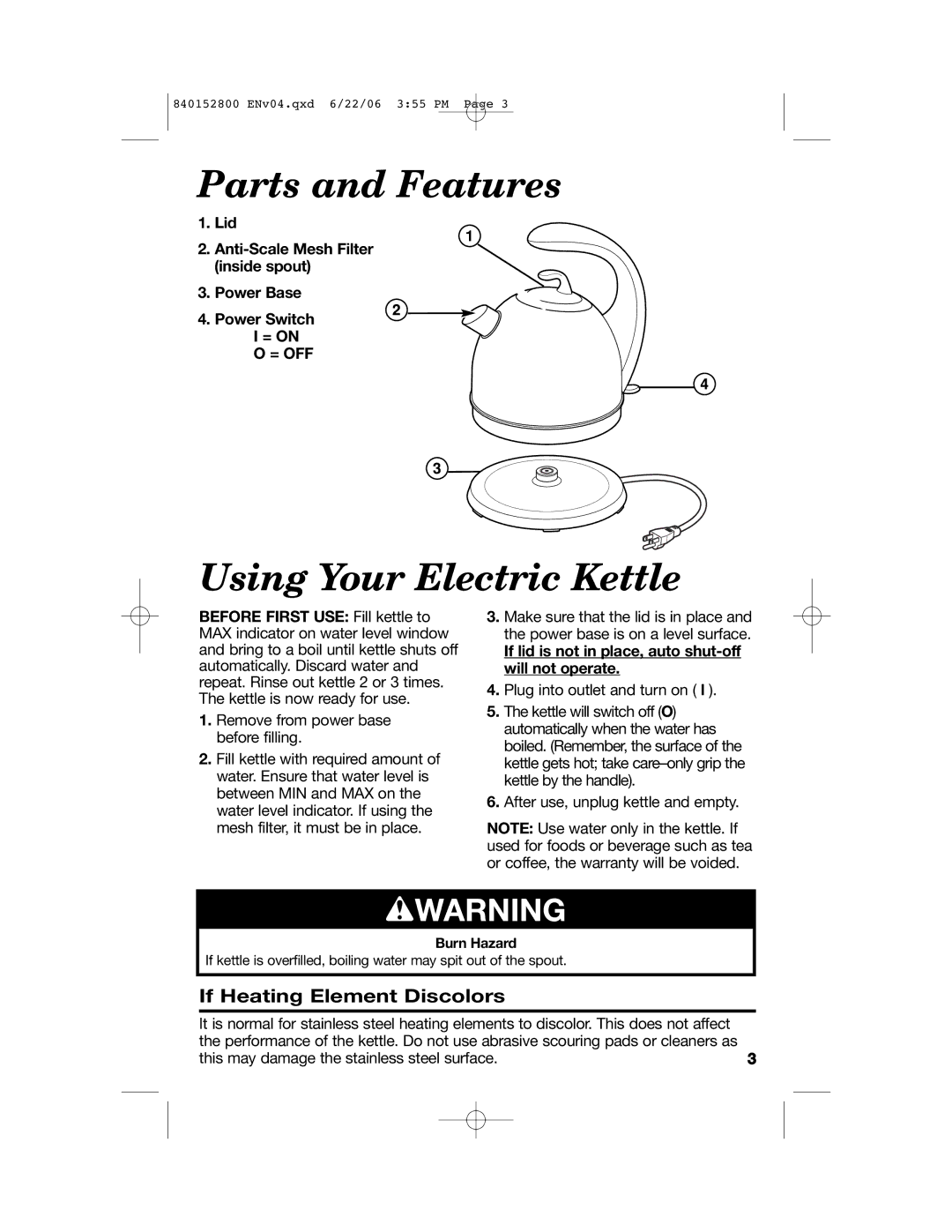 Hamilton Beach 168950 K14, 40890 K14 manual Parts and Features, Using Your Electric Kettle, If Heating Element Discolors 