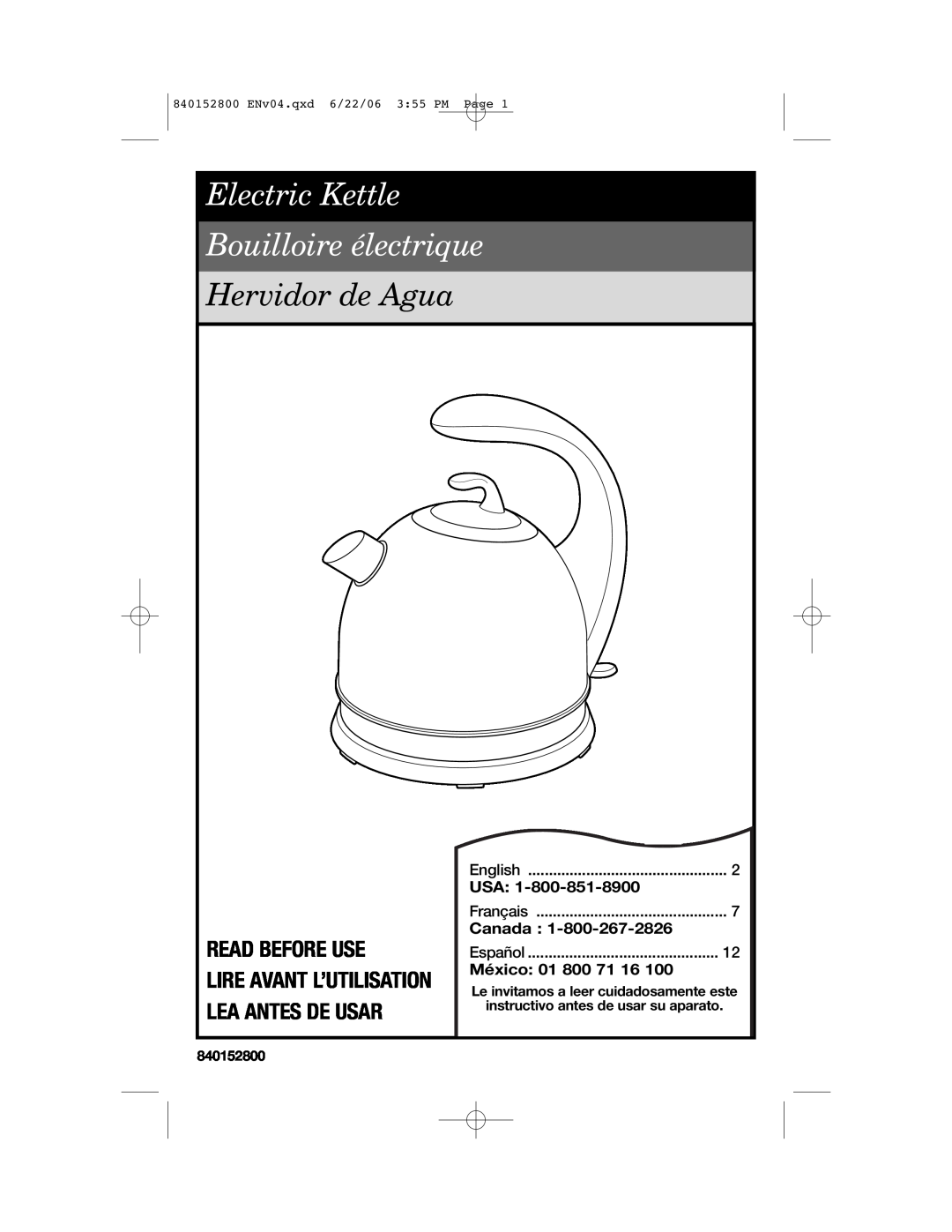 Hamilton Beach 168950 K14 manual Lire Avant L’Utilisation Lea Antes De Usar, Canada, México, Hervidor de Agua, English 
