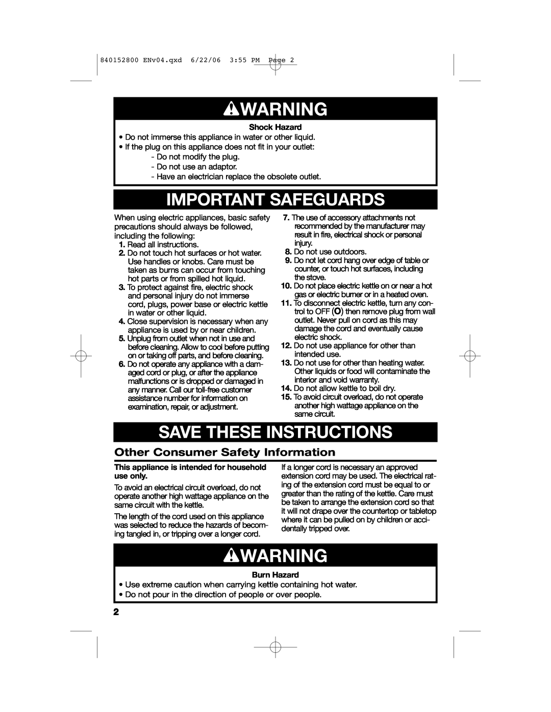 Hamilton Beach 40890 K14 manual wWARNING, Important Safeguards, Save These Instructions, Other Consumer Safety Information 