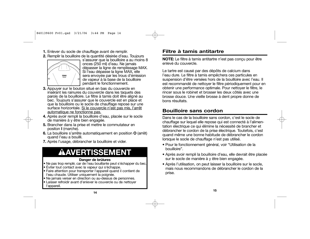 Hamilton Beach 40898 manual Filtre à tamis antitartre, Bouilloire sans cordon 