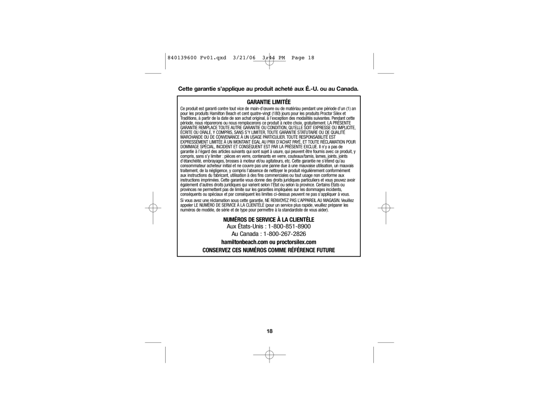 Hamilton Beach 40898 manual Aux États-Unis Au Canada, Garantie Limitée, Numéros De Service À La Clientèle 