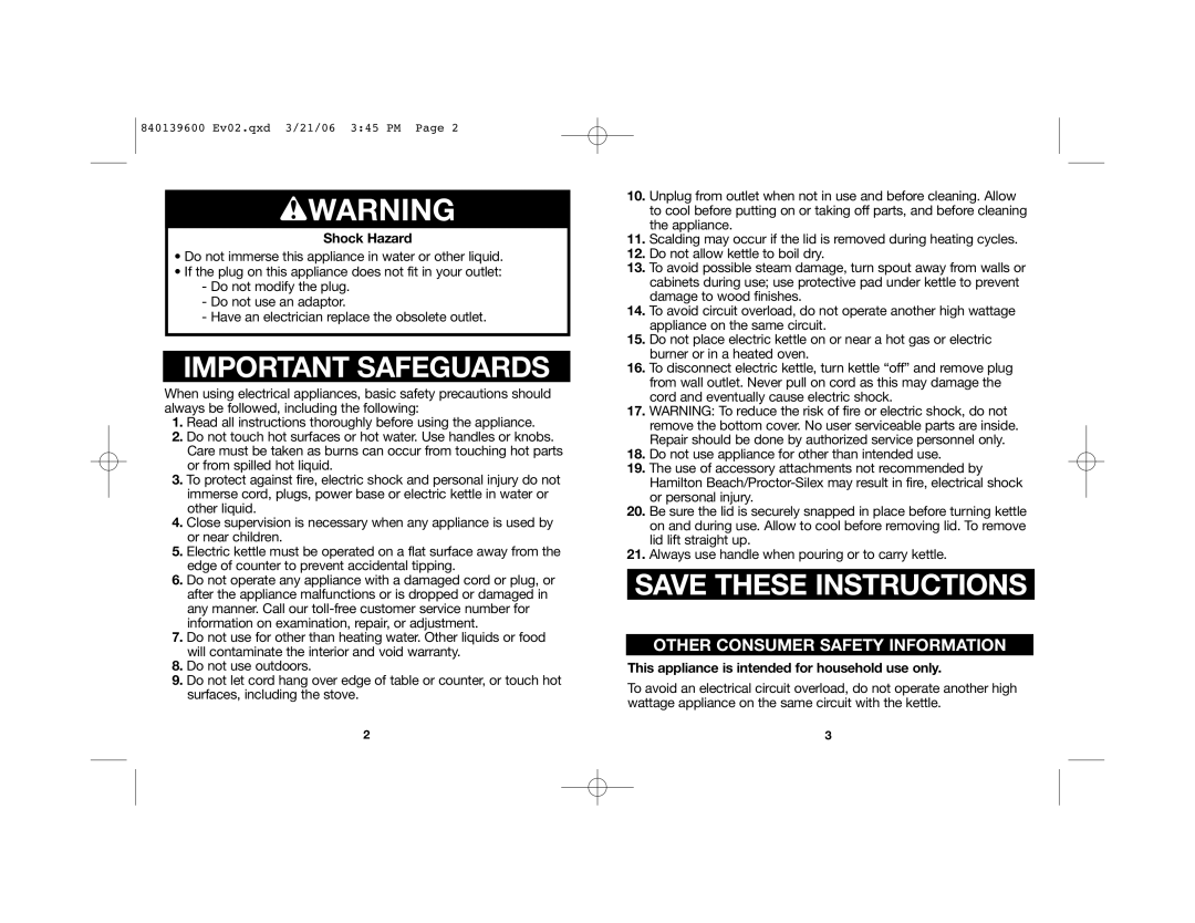 Hamilton Beach 40898 manual wWARNING, Important Safeguards, Save These Instructions, Other Consumer Safety Information 