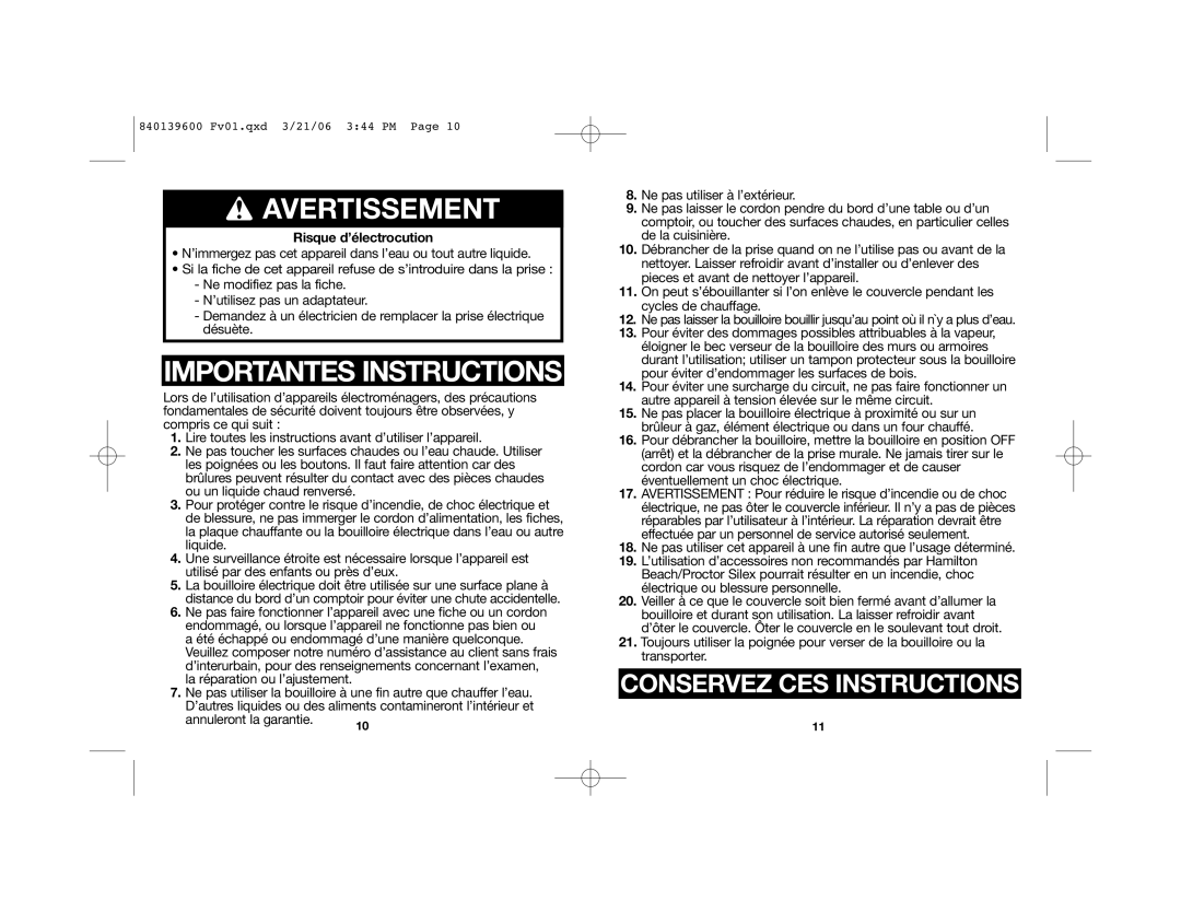 Hamilton Beach 40898 manual w AVERTISSEMENT, Importantes Instructions, Conservez Ces Instructions, Risque d’électrocution 