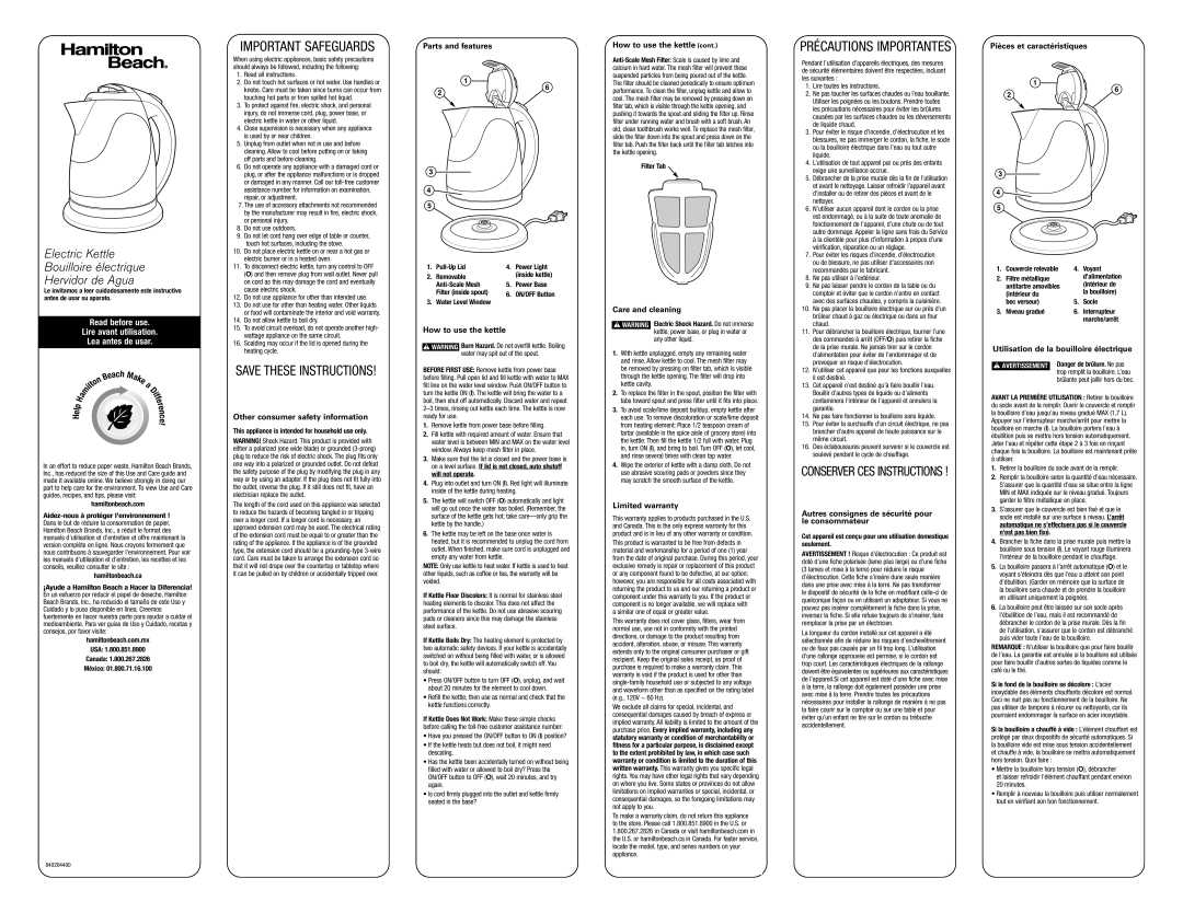 Hamilton Beach 40919 warranty Other consumer safety information, Parts and features, How to use the kettle 