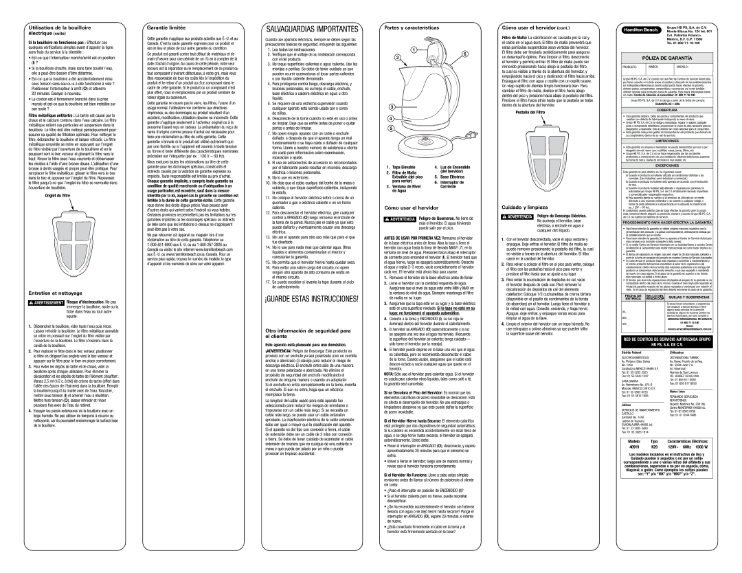 Hamilton Beach 40919 warranty Utilisation de la bouilloire électrique suite, Entretien et nettoyage, Garantie limitée 