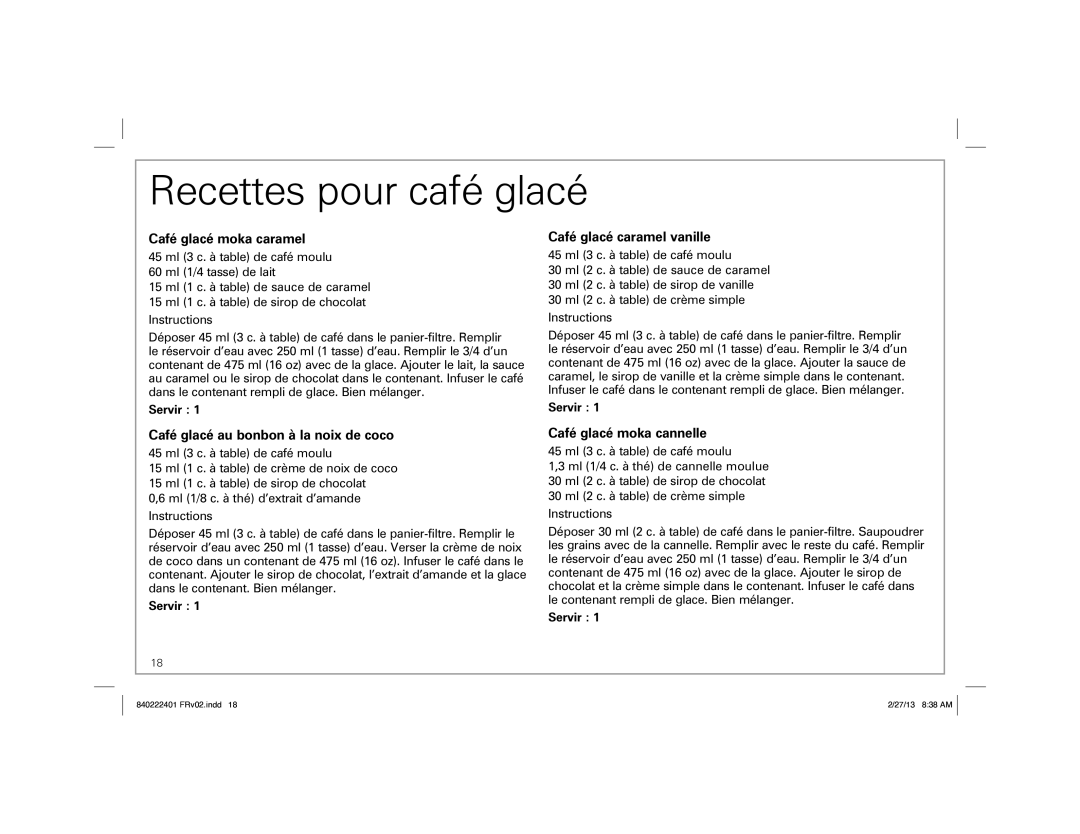 Hamilton Beach 40920, 40915 manual Recettes pour café glacé, Café glacé moka caramel, Café glacé au bonbon à la noix de coco 