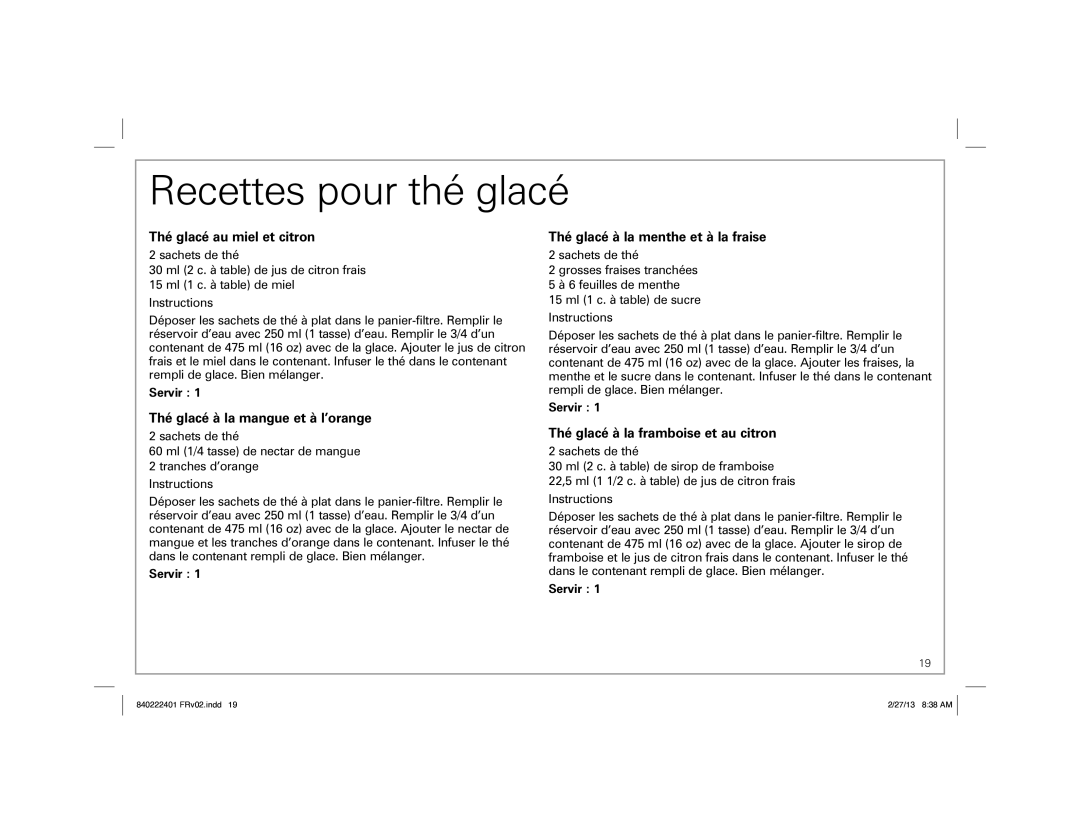 Hamilton Beach 40915, 40920 manual Recettes pour thé glacé, Thé glacé au miel et citron, Thé glacé à la mangue et à l’orange 