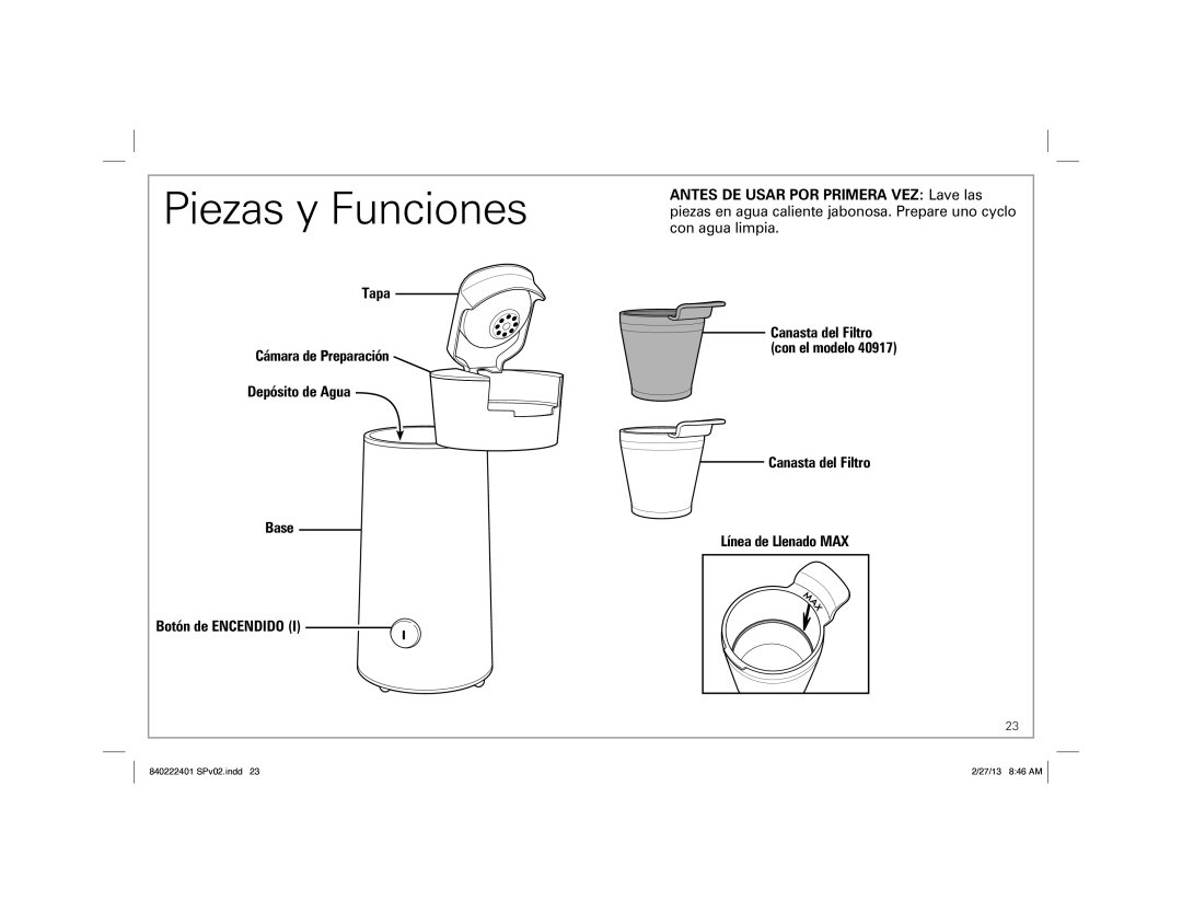 Hamilton Beach 40917, 40920, 40915 manual Piezas y Funciones, Canasta del Filtro Línea de Llenado MAX 