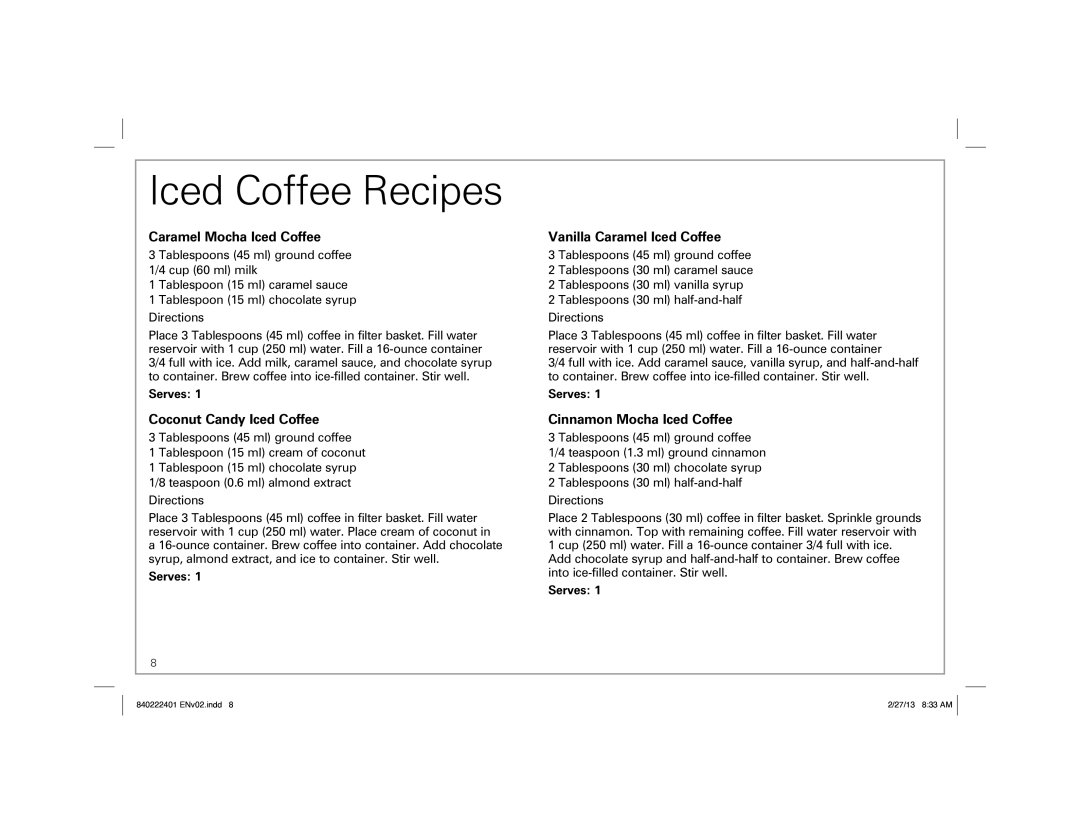 Hamilton Beach 40917 Iced Coffee Recipes, Caramel Mocha Iced Coffee, Coconut Candy Iced Coffee, Cinnamon Mocha Iced Coffee 