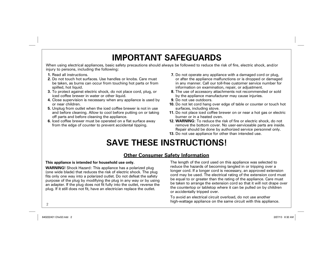Hamilton Beach 40917, 40920, 40915 manual Important Safeguards, Save These Instructions, Other Consumer Safety Information 