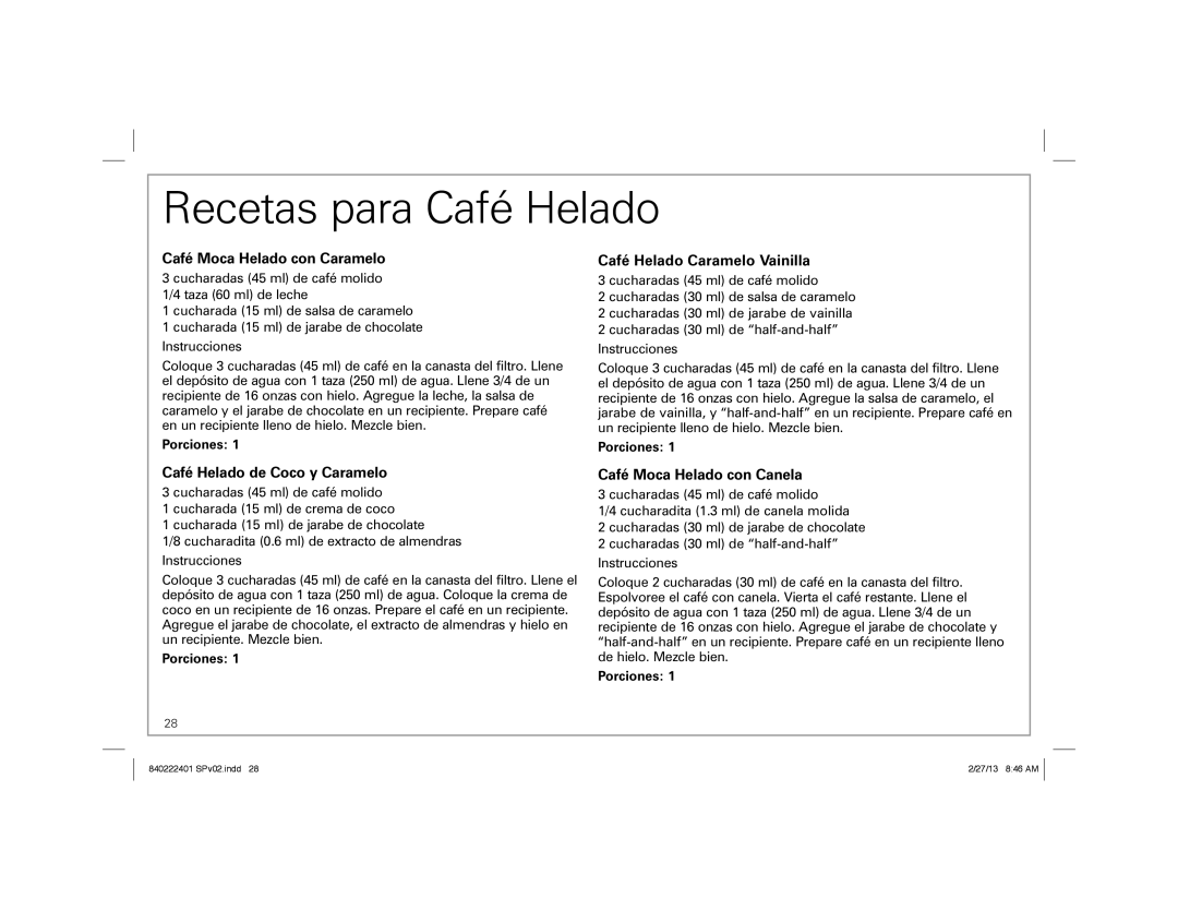 Hamilton Beach 40915, 40920, 40917 Recetas para Café Helado, Café Moca Helado con Caramelo, Café Helado de Coco y Caramelo 