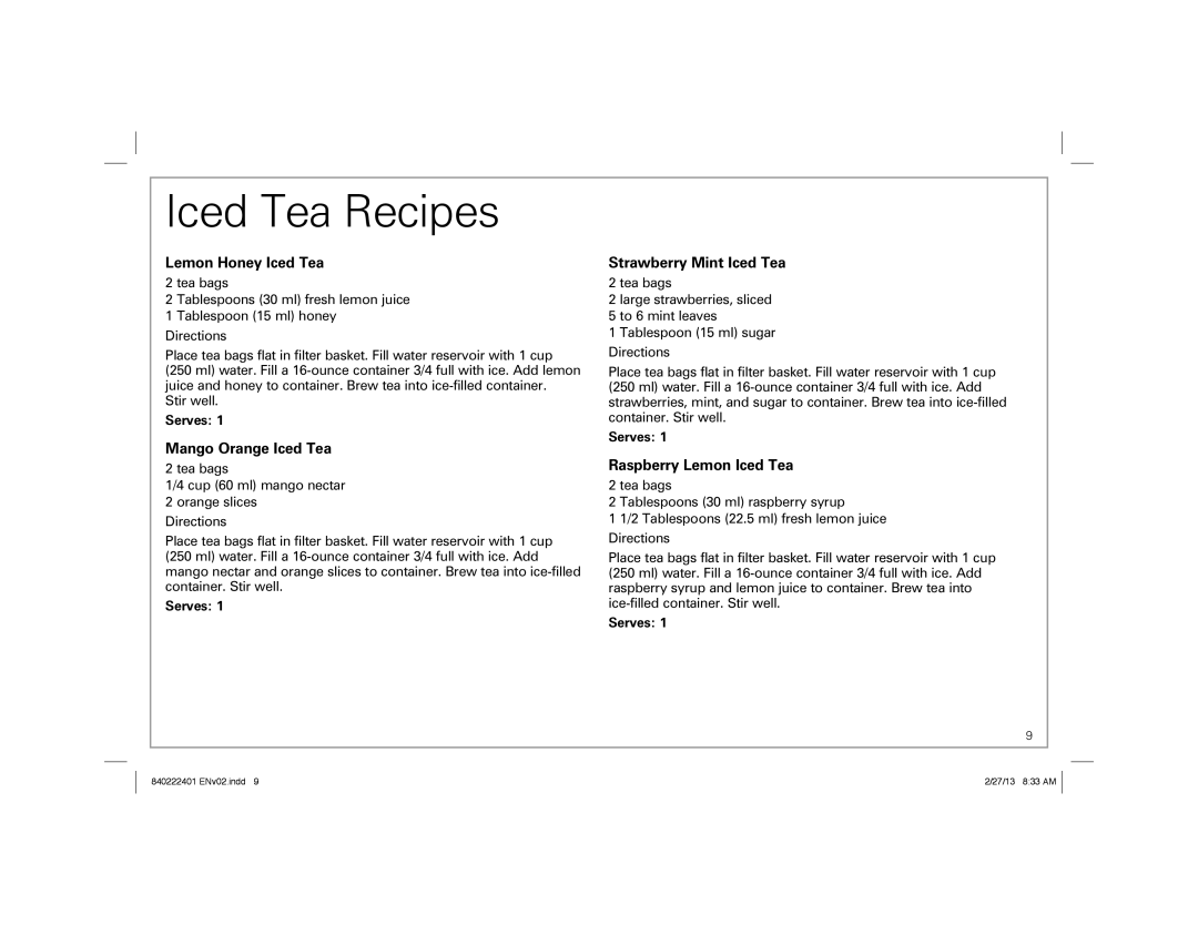 Hamilton Beach 40920, 40915, 40917 Iced Tea Recipes, Lemon Honey Iced Tea, Mango Orange Iced Tea, Strawberry Mint Iced Tea 
