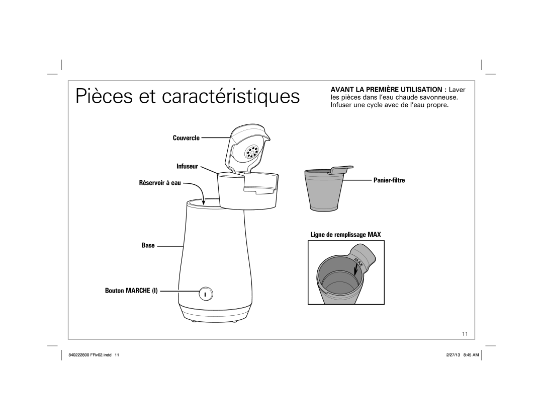 Hamilton Beach 40916, 40921 manual Couvercle Infuseur Réservoir à eau 