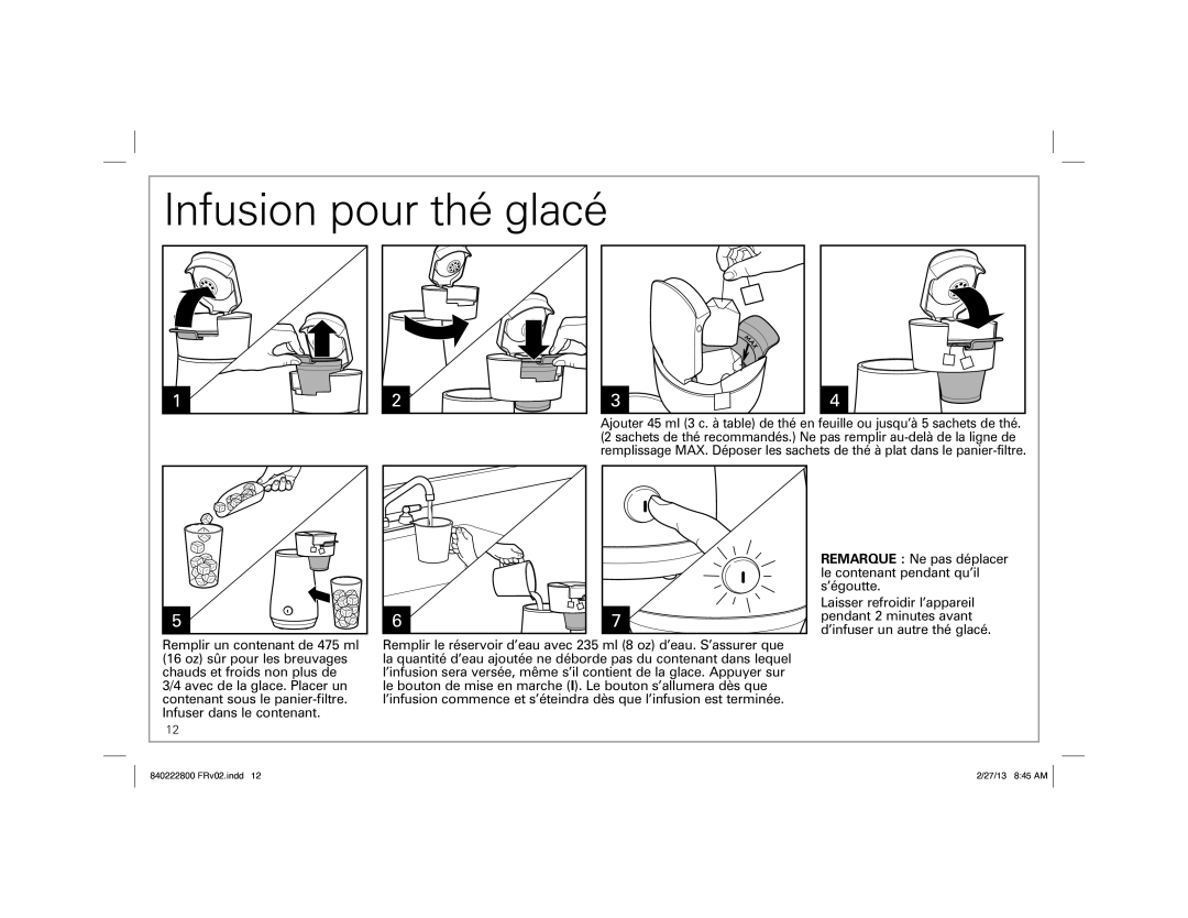 Hamilton Beach 40921, 40916 manual Infusion pour thé glacé 