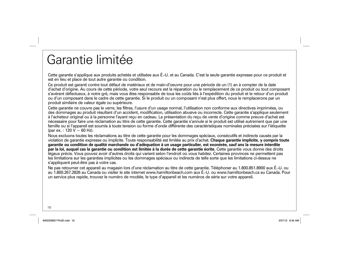 Hamilton Beach 40921, 40916 manual Garantie limitée 