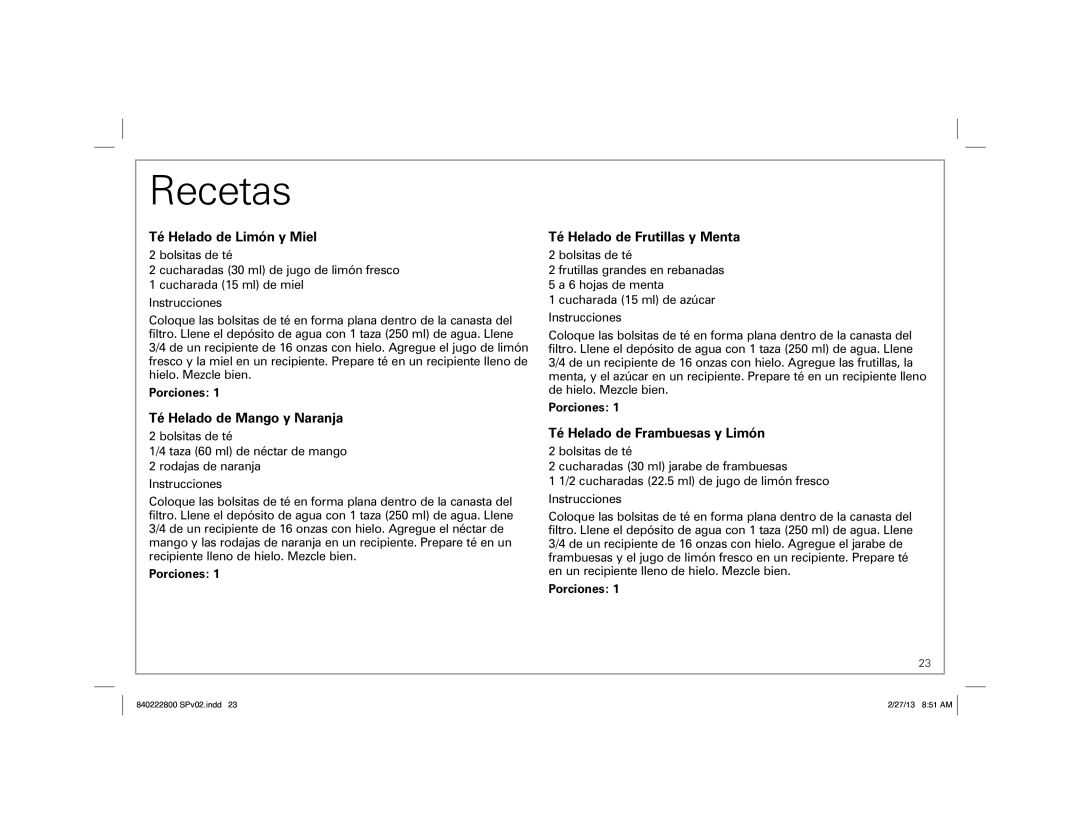 Hamilton Beach 40916, 40921 manual Recetas, Porciones 