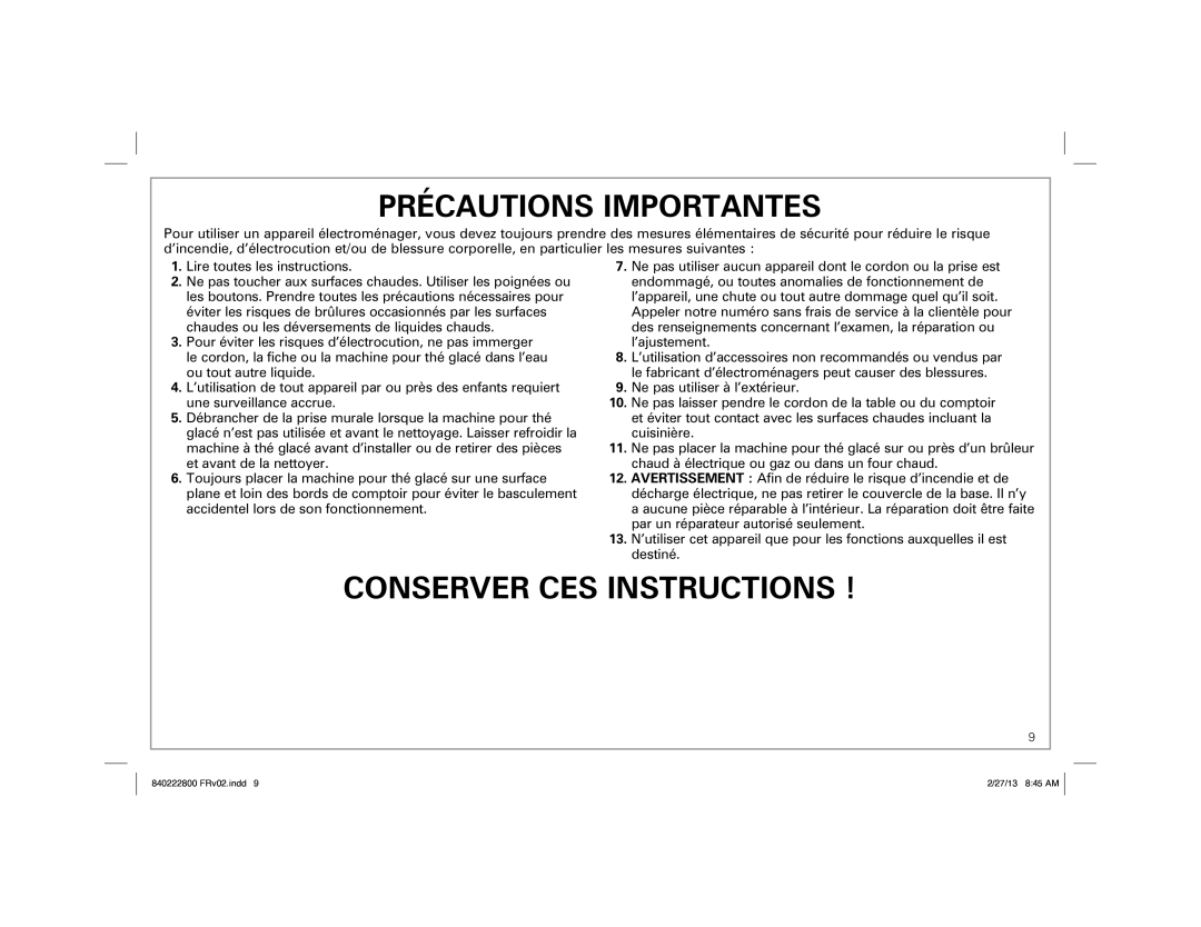 Hamilton Beach 40916, 40921 manual Précautions Importantes 