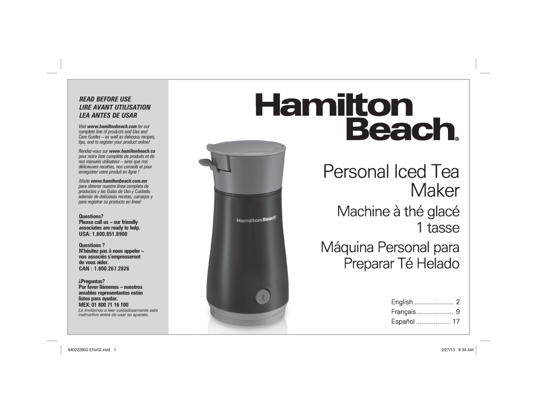 Hamilton Beach 40916 manual Personal Iced Tea Maker, Machine à thé glacé 1 tasse, Máquina Personal para Preparar Té Helado 