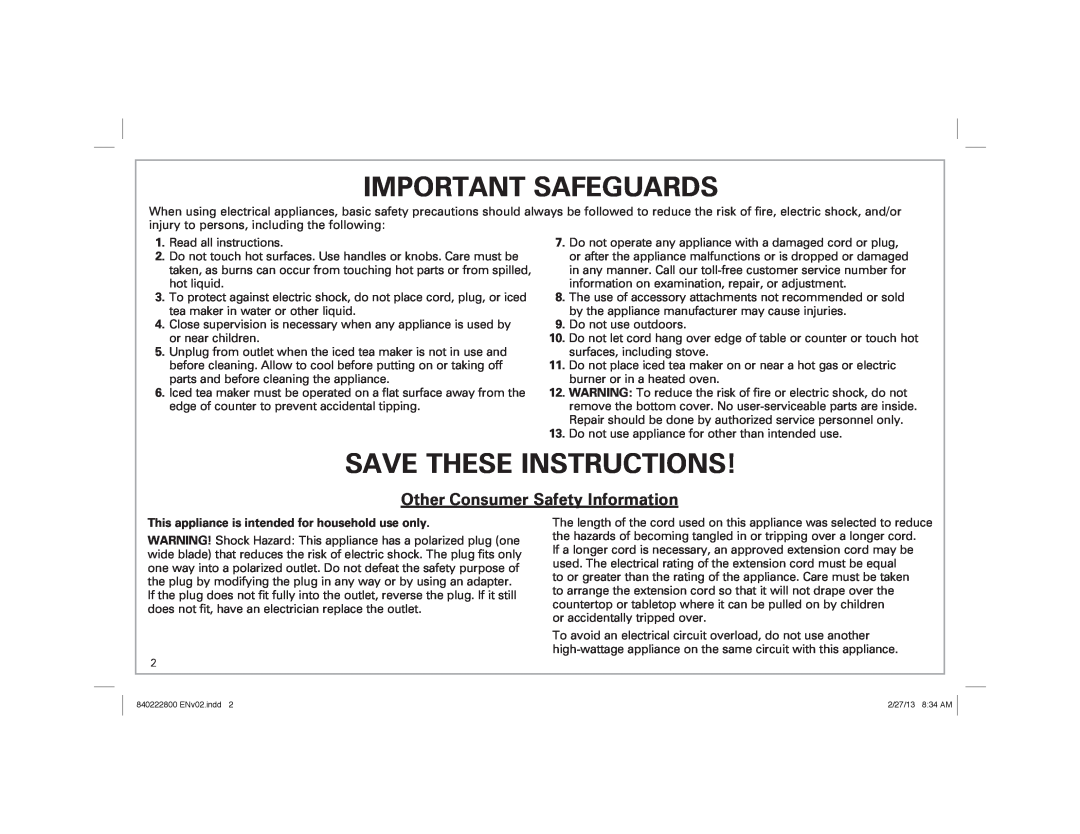 Hamilton Beach 40921, 40916 manual Important Safeguards, Save These Instructions, Other Consumer Safety Information 