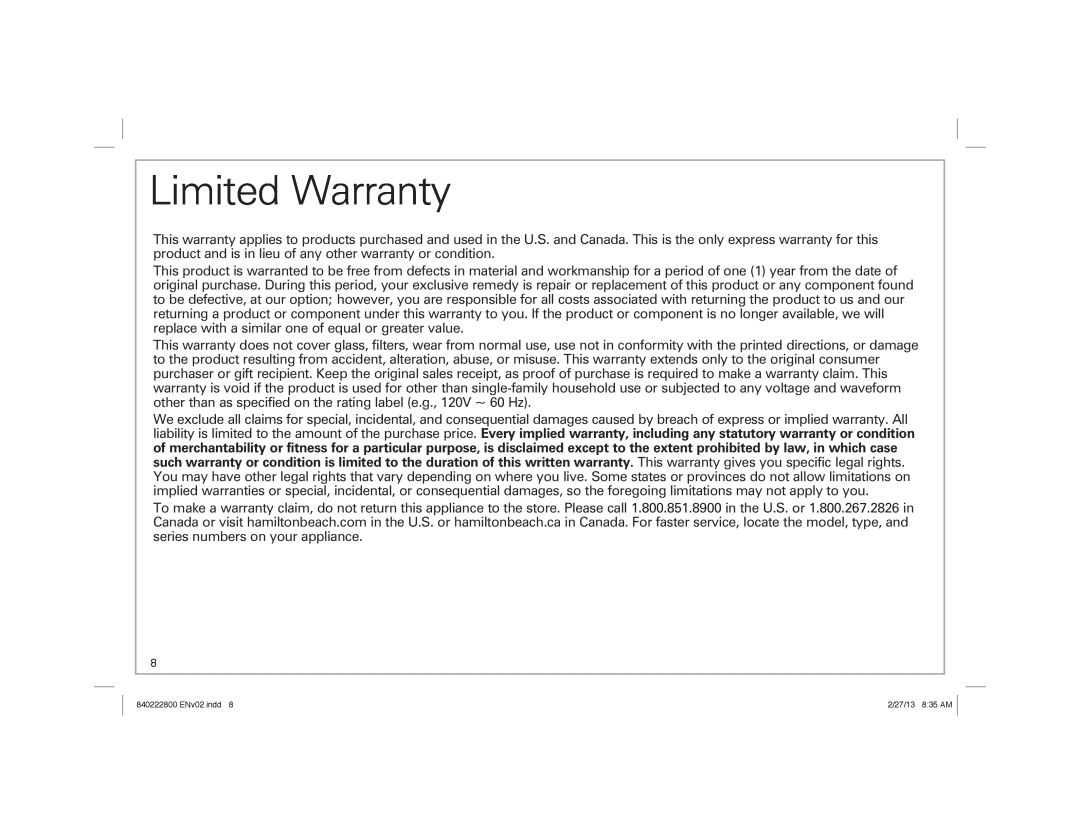 Hamilton Beach 40921, 40916 manual Limited Warranty 