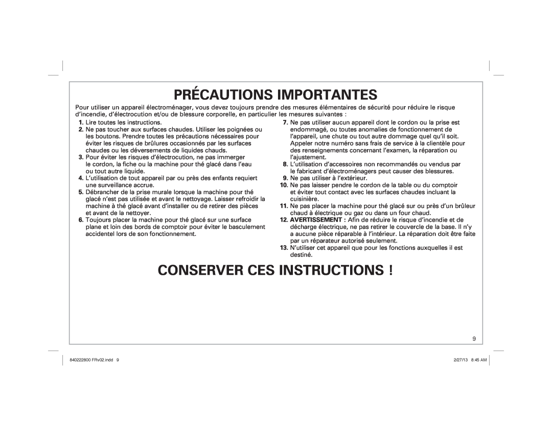 Hamilton Beach 40916, 40921 manual Précautions Importantes, Conserver Ces Instructions 