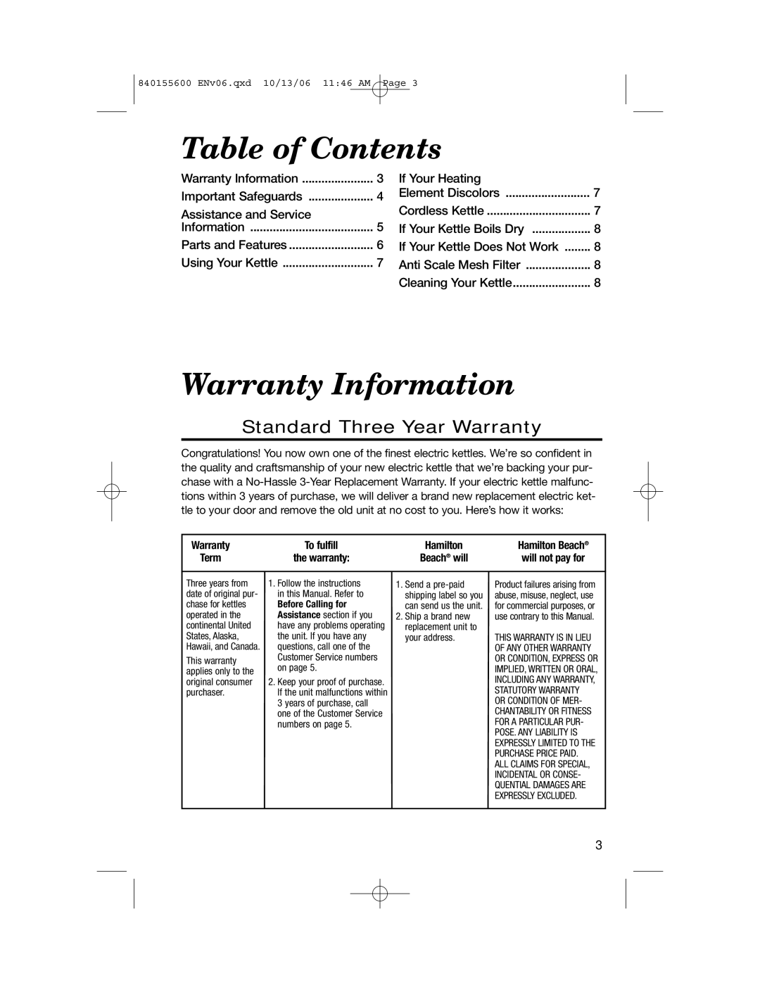 Hamilton Beach 40990 manual Table of Contents, Warranty Information 