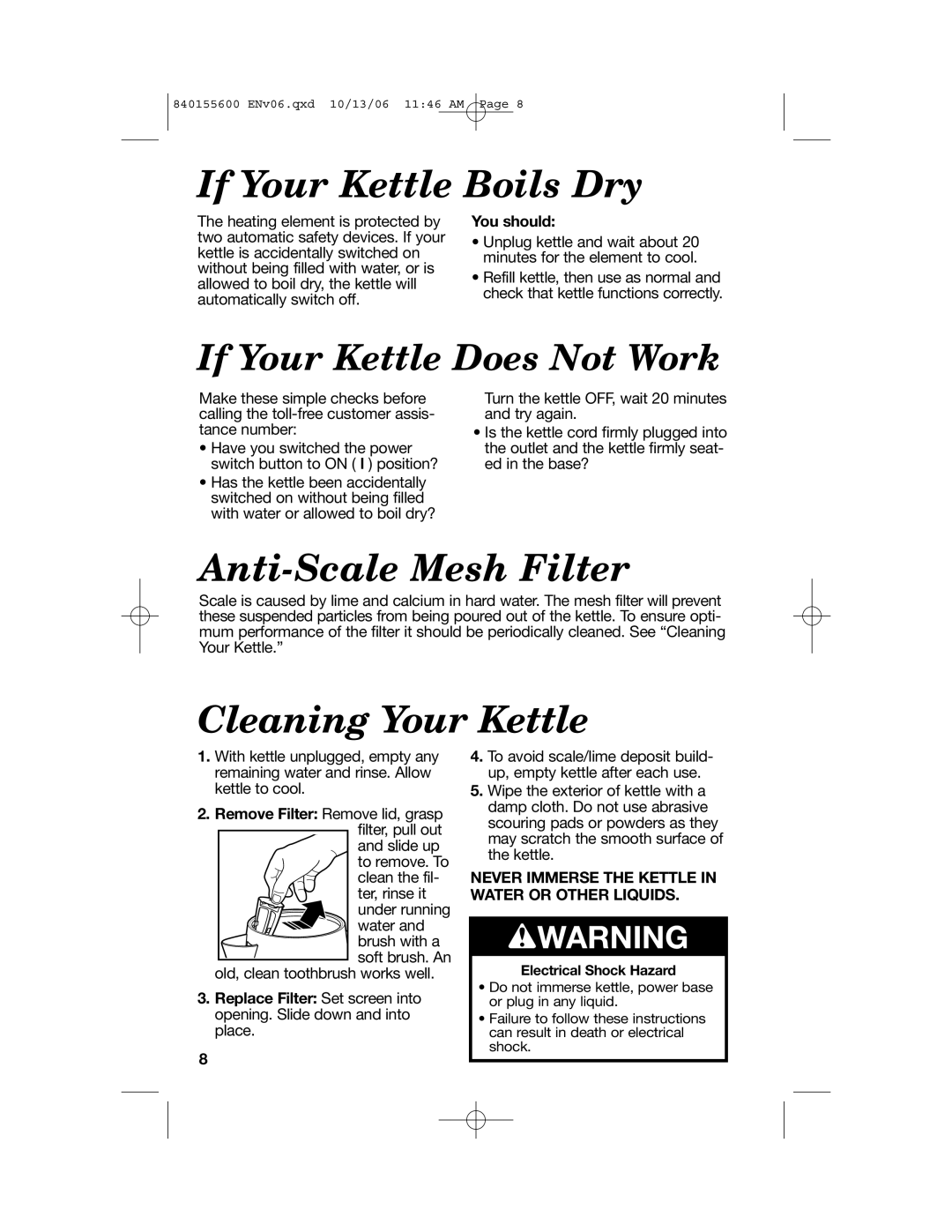 Hamilton Beach 40990 If Your Kettle Boils Dry, Anti-Scale Mesh Filter, Cleaning Your Kettle, If Your Kettle Does Not Work 