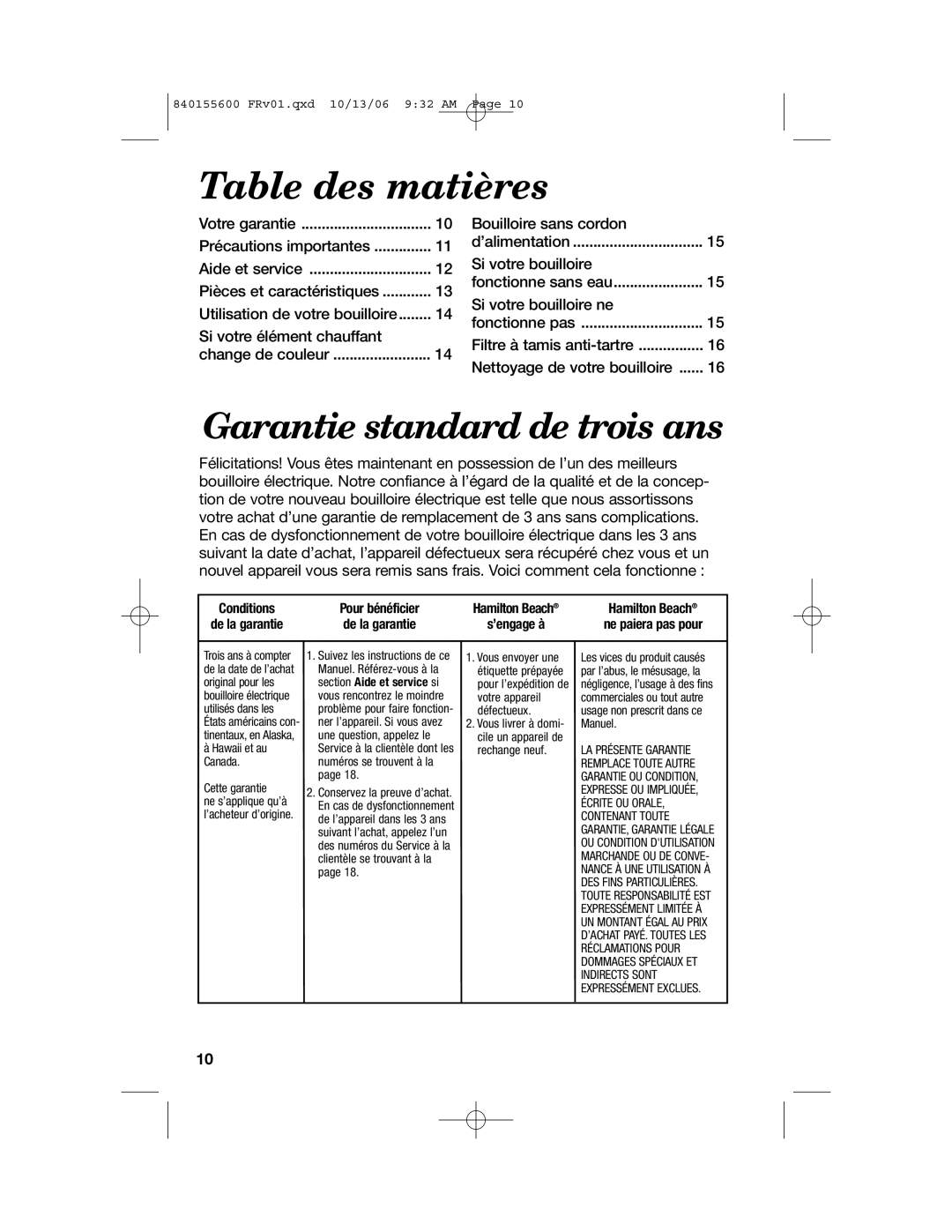 Hamilton Beach 40990 manual Table des matières, Garantie standard de trois ans 