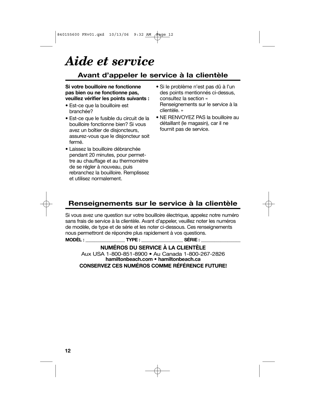 Hamilton Beach 40990 manual Aide et service, Avant d’appeler le service à la clientèle, Numéros Du Service À La Clientèle 