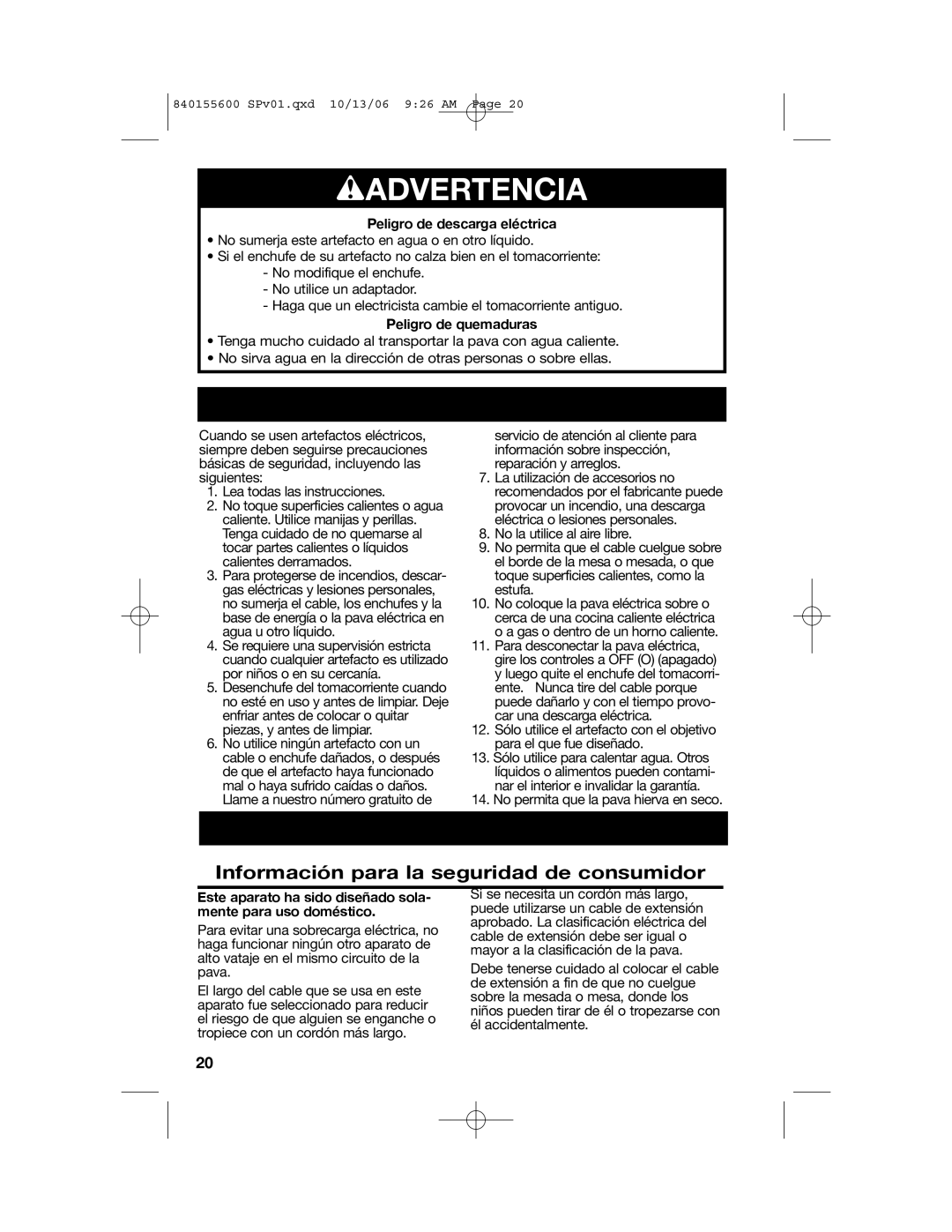 Hamilton Beach 40990 manual wADVERTENCIA, Información para la seguridad de consumidor, Peligro de descarga eléctrica 