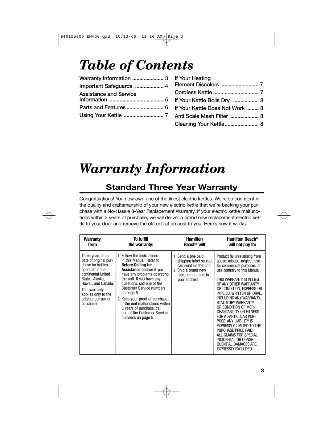Hamilton Beach 40990 manual Table of Contents, Warranty Information, Standard Three Year Warranty 
