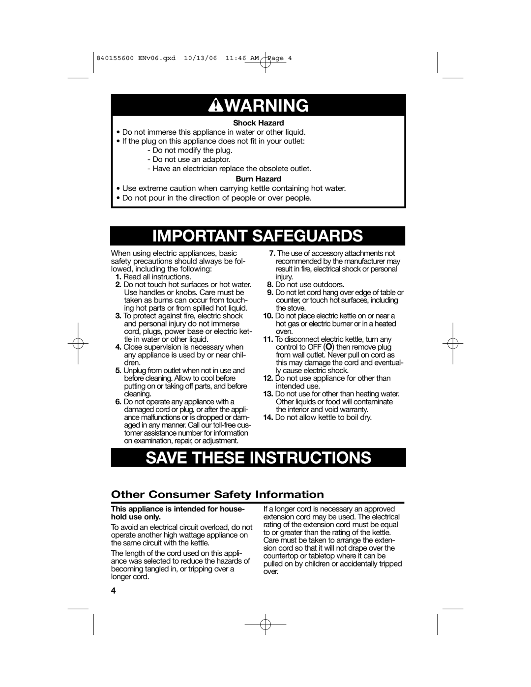 Hamilton Beach 40990 manual wWARNING, Important Safeguards, Save These Instructions, Other Consumer Safety Information 