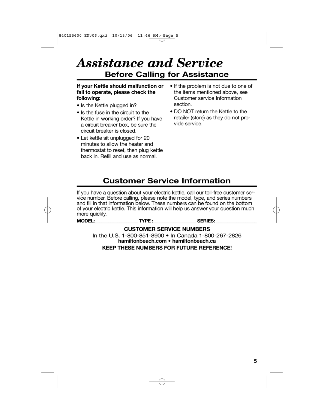 Hamilton Beach 40990 manual Assistance and Service, Before Calling for Assistance, Customer Service Information 