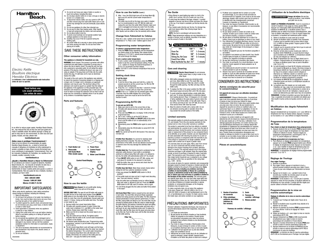 Hamilton Beach 40996 warranty Other consumer safety information, Parts and features, How to use the kettle, Tea Guide 