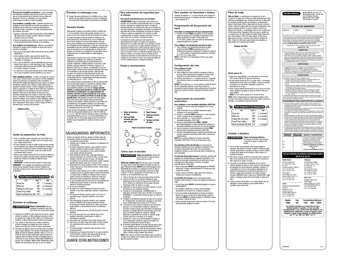 Hamilton Beach 40996 Guide de préparation du thée, Entretien et nettoyage suite, Garantie limitée, Cómo usar el hervidor 