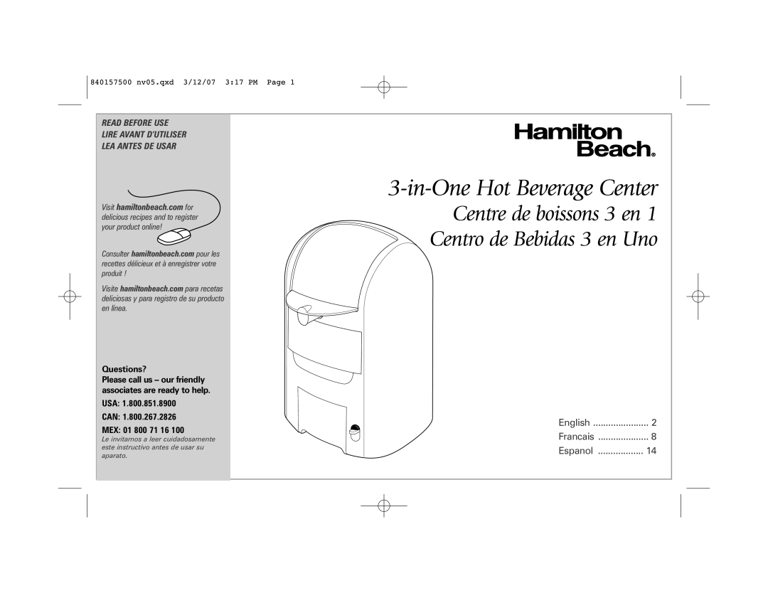 Hamilton Beach 42116C manual Questions?, USA Can MEX 01 800 71 16 