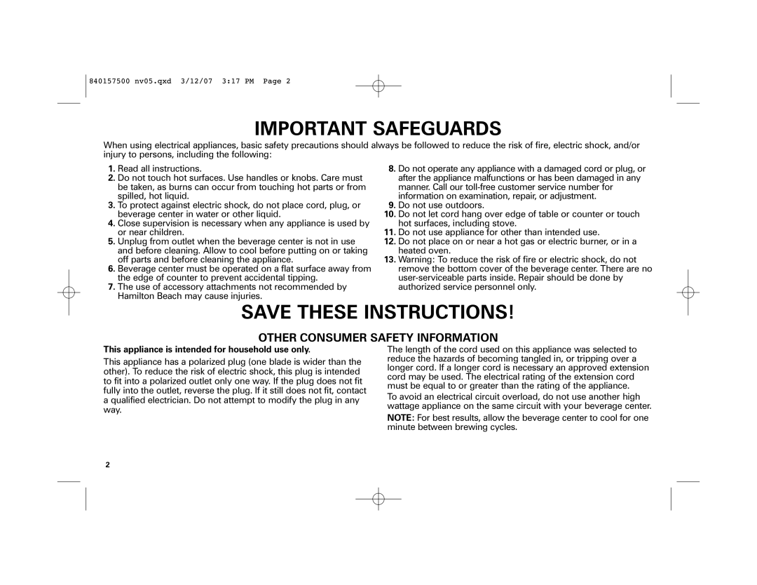 Hamilton Beach 42116C manual Important Safeguards, This appliance is intended for household use only 