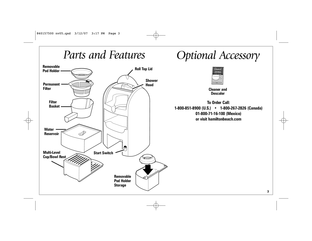 Hamilton Beach 42116C manual Parts and Features Optional Accessory, Mexico or visit hamiltonbeach.com 