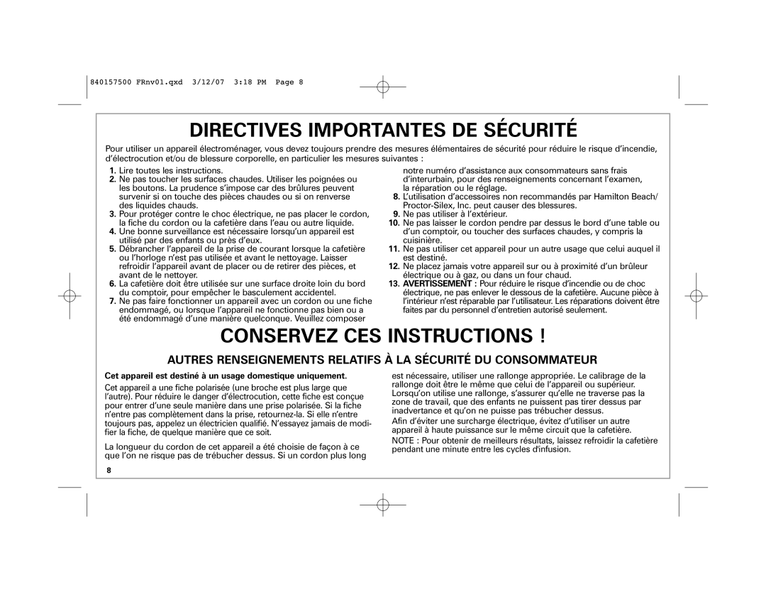 Hamilton Beach 42116C manual Directives Importantes DE Sécurité, Cet appareil est destiné à un usage domestique uniquement 