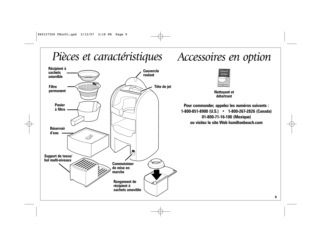 Hamilton Beach 42116C manual Accessoires en option, Récipient à sachets amovible, Réservoir ’eau, Nettoyant et Détartrant 