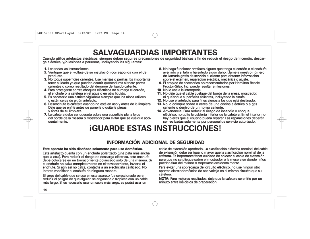 Hamilton Beach 42116C manual Salvaguardias Importantes, ¡Guarde Estas Instrucciones, Información Adicional De Seguridad 