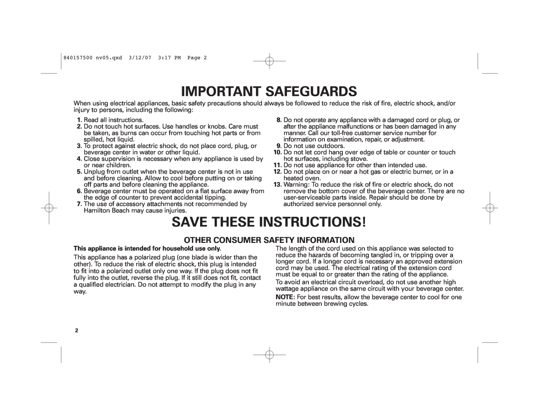 Hamilton Beach 42116C manual Important Safeguards, Save These Instructions, Other Consumer Safety Information 