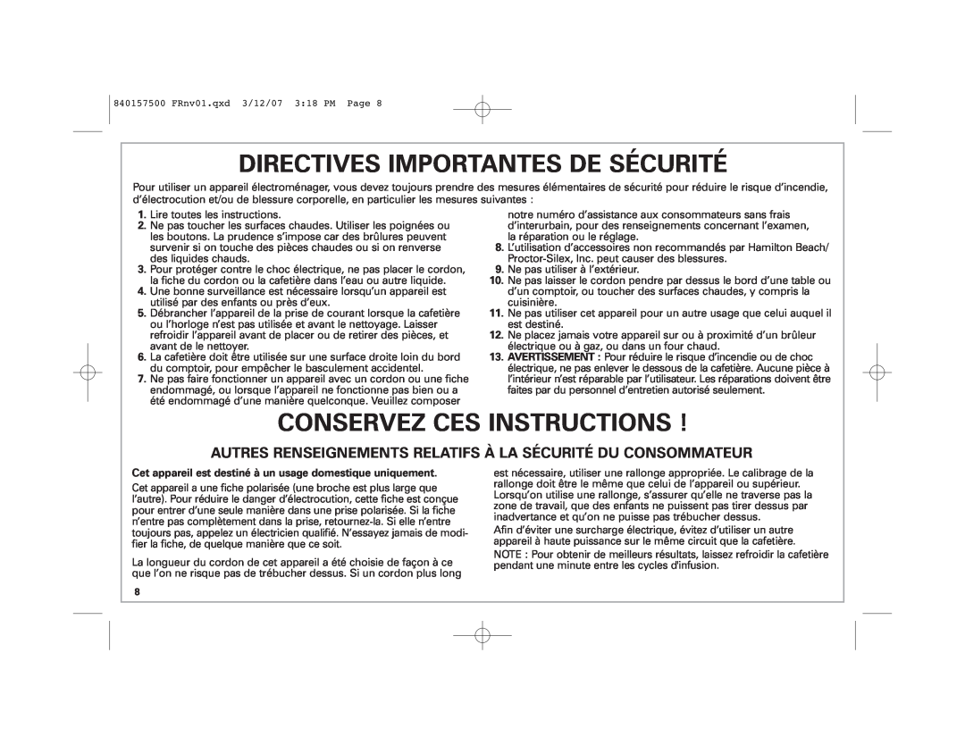 Hamilton Beach 42116C manual Directives Importantes De Sécurité, Conservez Ces Instructions 