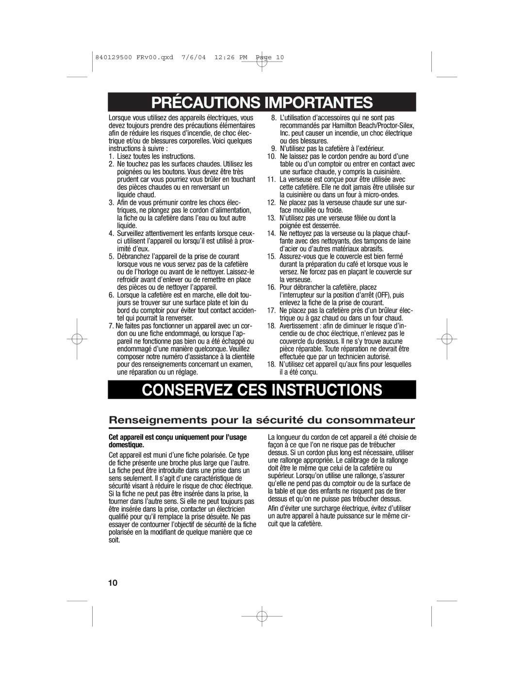 Hamilton Beach 43251, 43224C, 43254 manual Précautions Importantes, Renseignements pour la sécurité du consommateur 